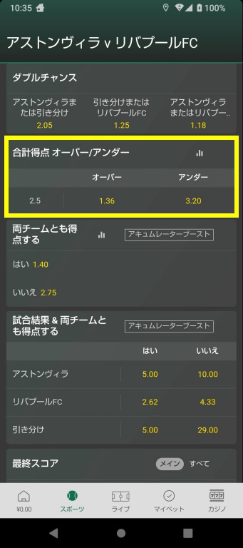 bet365のデシマルオッズ表示画面