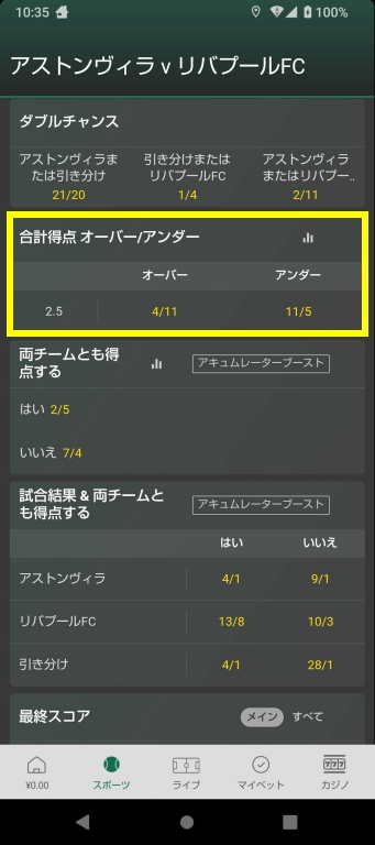 bet365のフラクショナルオッズ表示画面