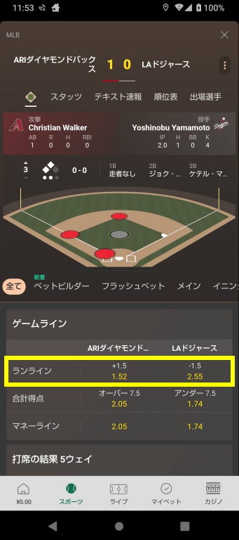 bet365でダイヤモンドバックスとドジャースのオッズをスクリーンショット撮影した画像