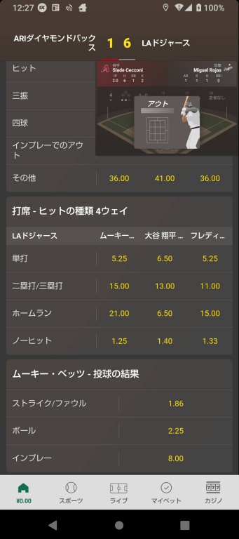 bet365のライブベッティング画面